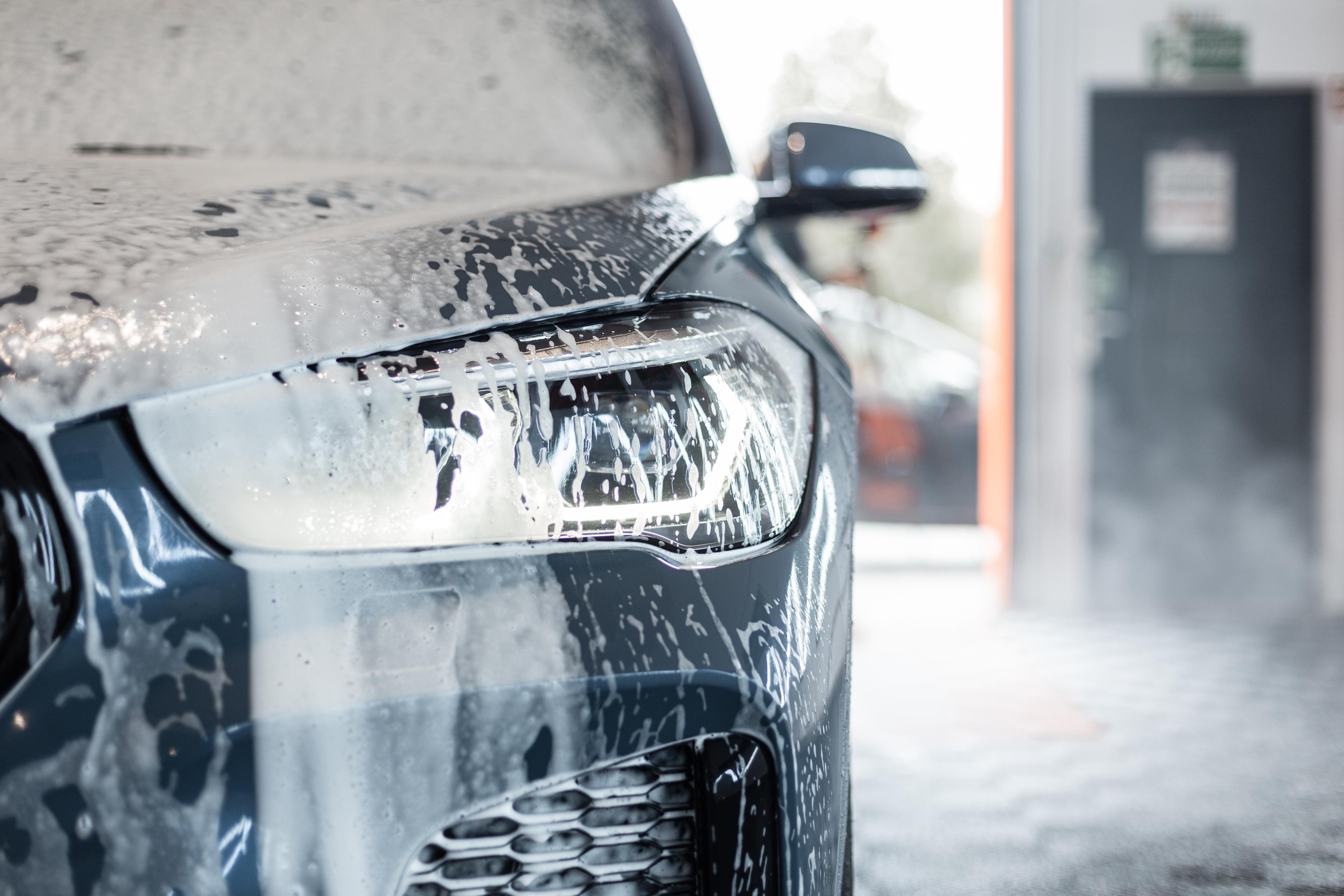 Front view of a car being washed