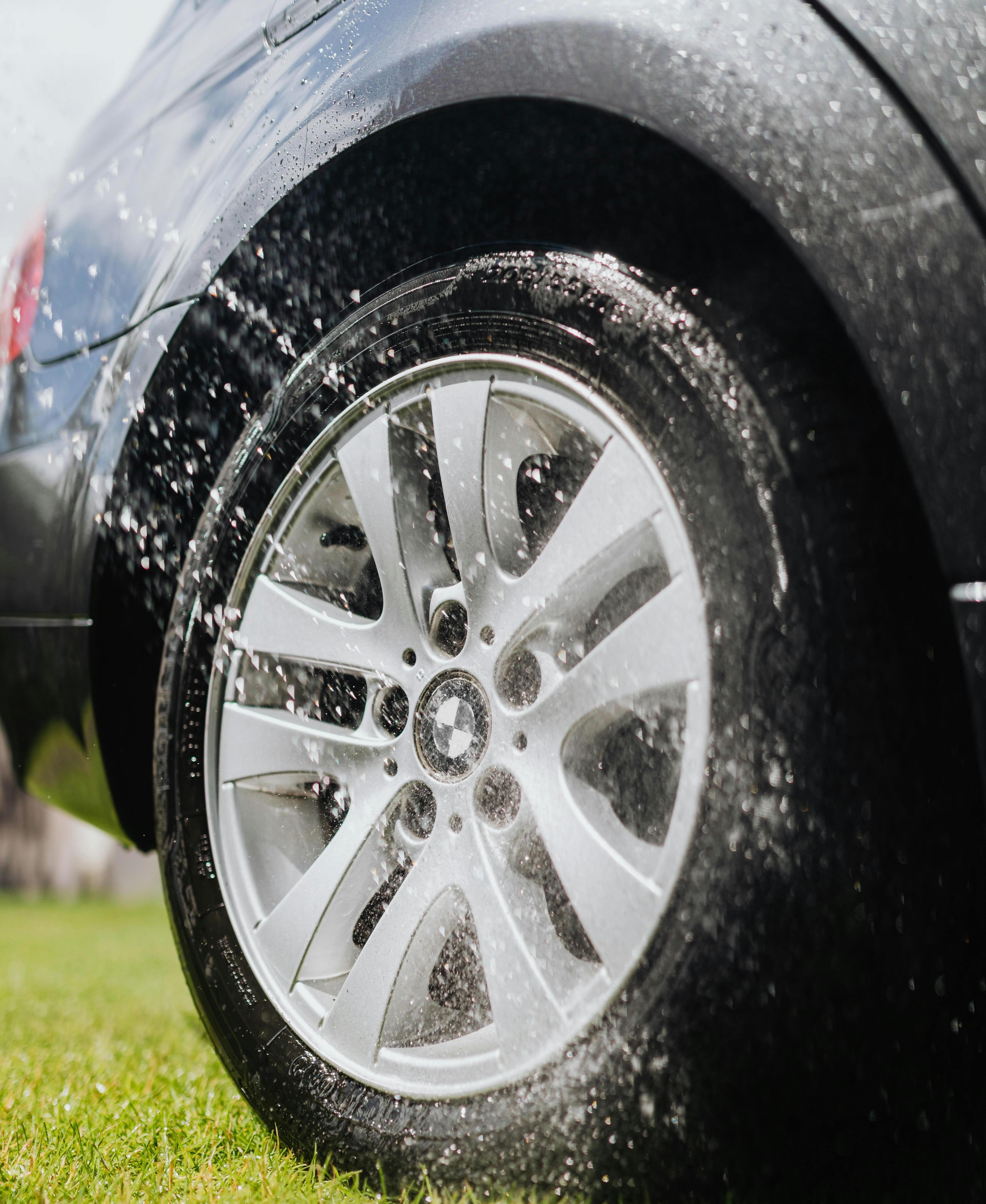 Close up of a clean car tire and wheel